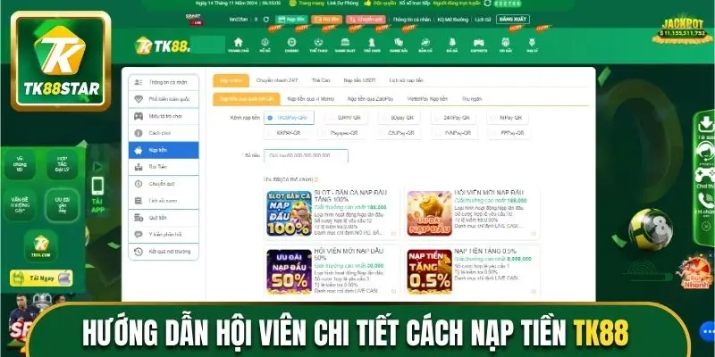 Hướng dẫn hội viên chi tiết cách nạp tiền TK88